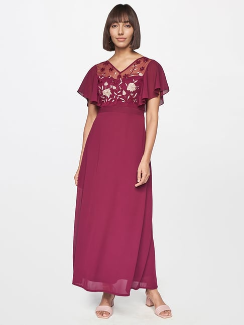 AND Wine Regular Fit Embroidered Maxi Dress Price in India