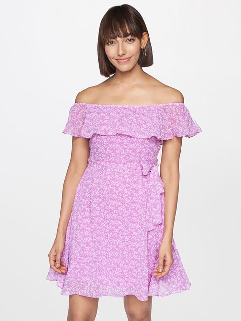 AND Lilac Regular Fit Floral Print Off Shoulder Dress Price in India