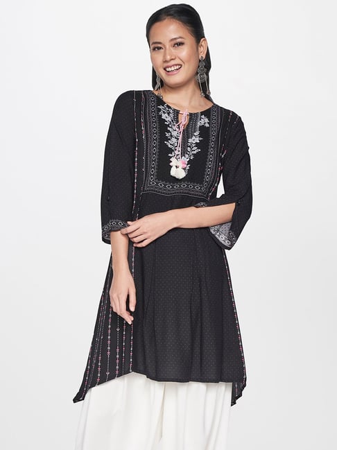 Global Desi Black Floral Print Tunic