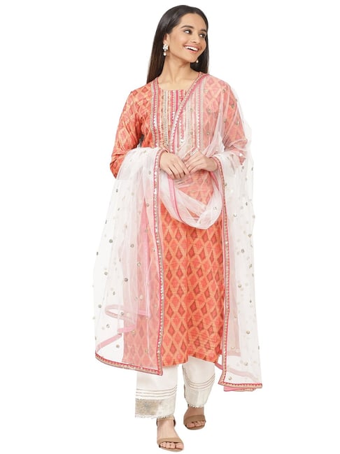 Women's Orange Silk Blend Printed Salwar Suit With Woven Designs And Hand  Embroidery Collection at Soch India