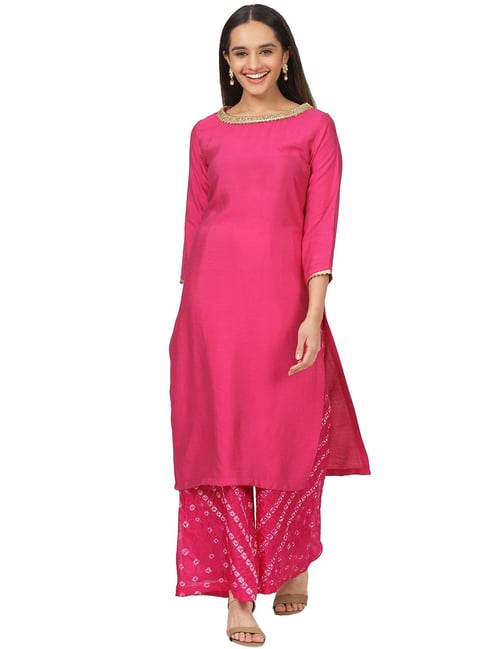 Pink Suit Set with Bandhani Palazzo and Dupatta - 48 / Ships in 2-3 Weeks |  Pink suit, Floral dresses with sleeves, Bandhani dress