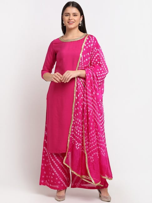 Buy Anokherang Pretty Pink Kurti with Bandhani Palazzo and Dupatta