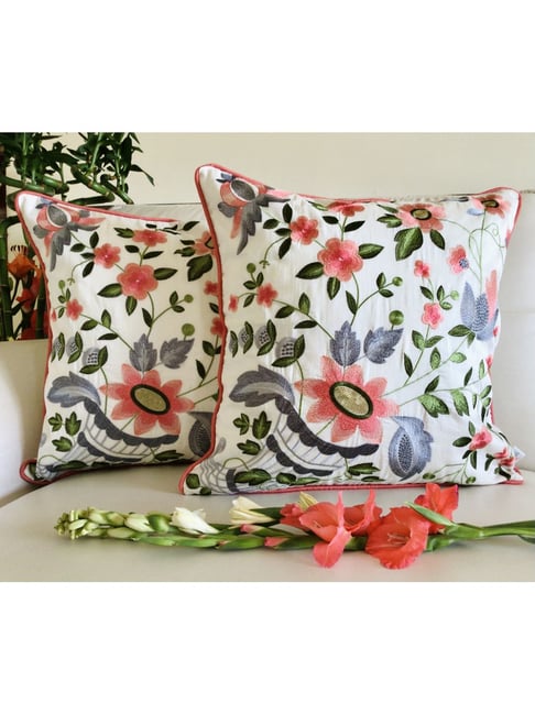 TARA Sparkling Homes Grey Embroidered Cotton Silk Cushion Cover - Set of 2