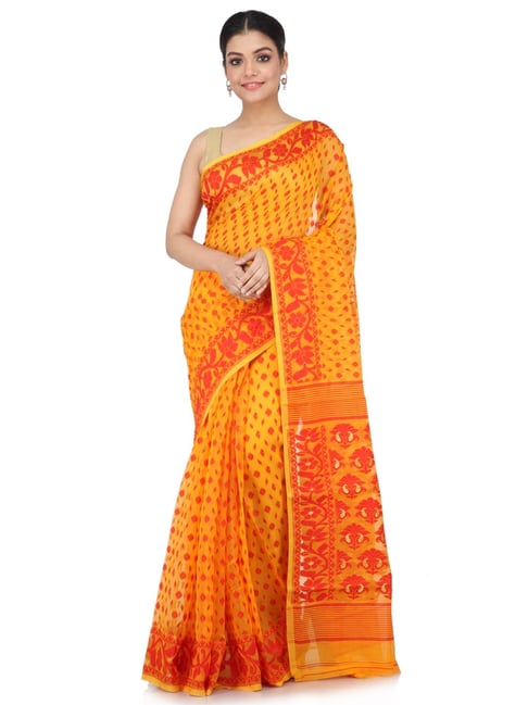 Charukriti Grey & Orange Woven Design Silk Cotton Jamdani Saree - hii