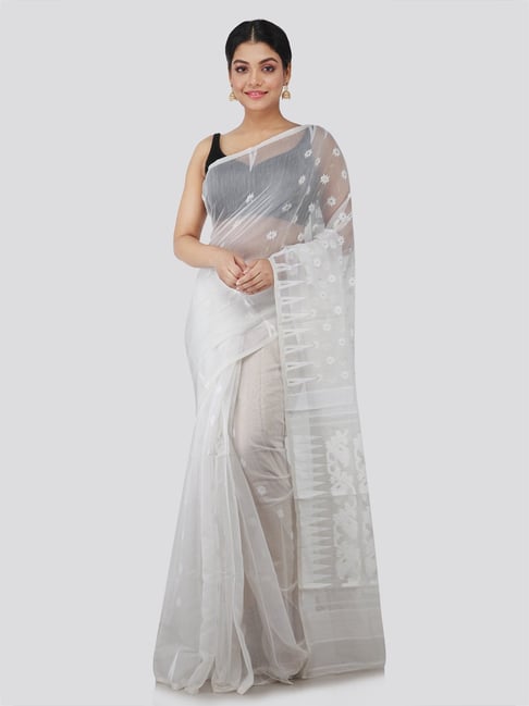 Buy Angoshobha Traditional White Soft Dhakai Jamdani Saree with Unstitched  Blouse online