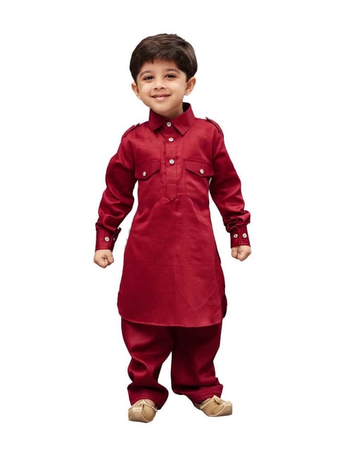 Buy VASTRAMAY Kids Maroon Cotton Pathani Kurta Set for Boys