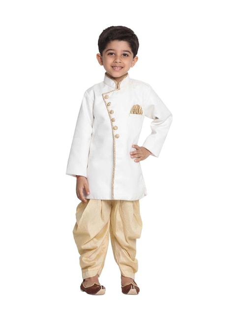 VASTRAMAY Kids White &amp; Gold Sherwani Set