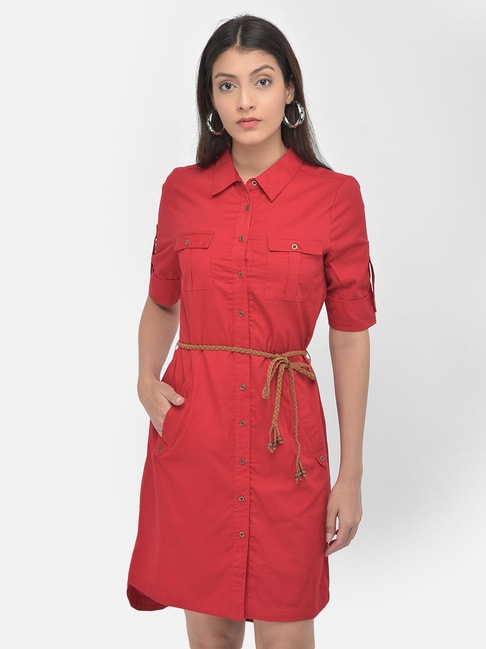 Latin Quarters Red Regular Fit Shirt Dress With Belt Price in India