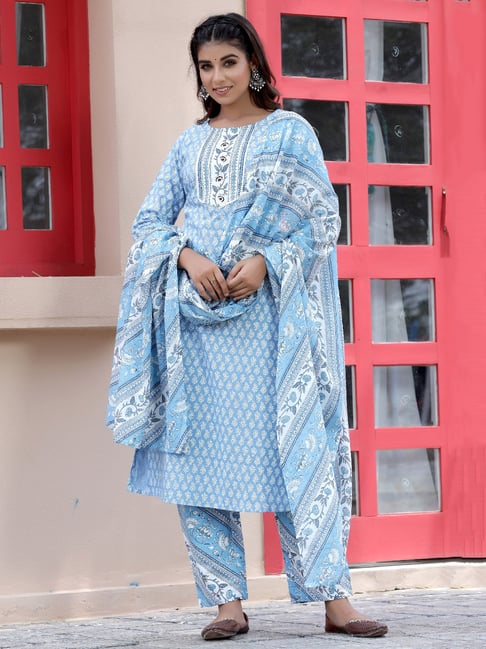 Yufta Blue Printed Kurta With Palazzo & Dupatta Price in India