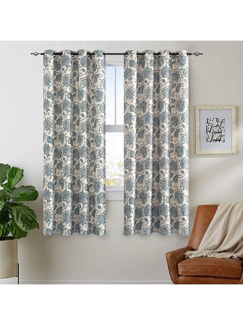 MODERN HOMES Blue & Beige Cotton Curtain - Set of 2