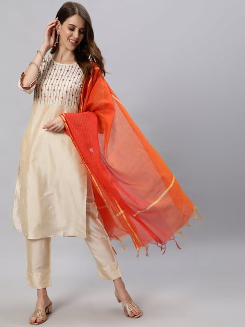 Jaipur Kurti Off White Solid Kurta with Pants and Dupatta