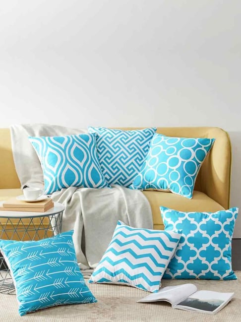 MODERN HOMES Sky Blue & White Cotton Cushion Cover -Set of 6