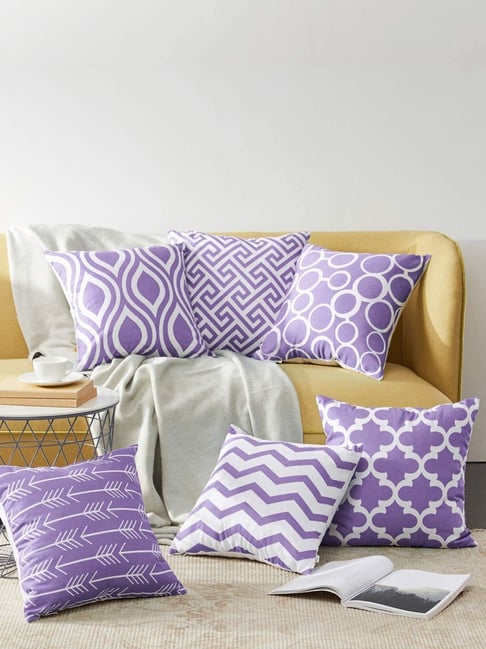 MODERN HOMES Purple & White Cotton Cushion Cover -Set of 6