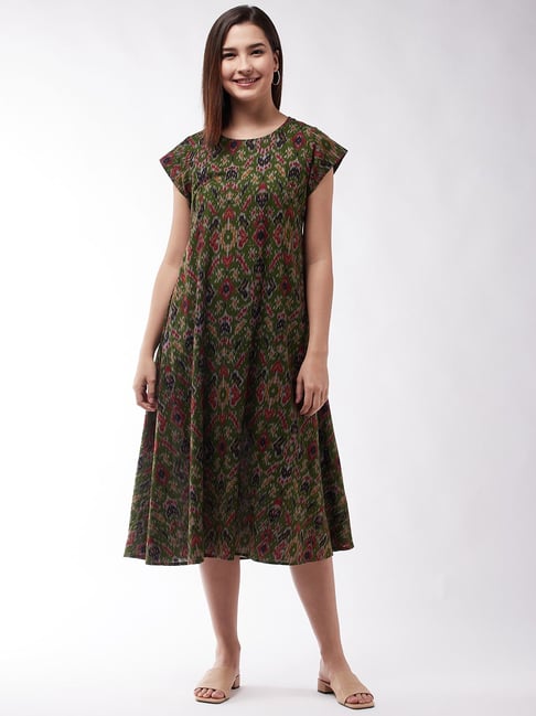 Inweave Green A- Line Ikkat Dress Price in India
