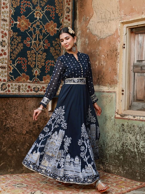 Buy Juniper Indigo Georgette Printed Flared Dress With Belt for
