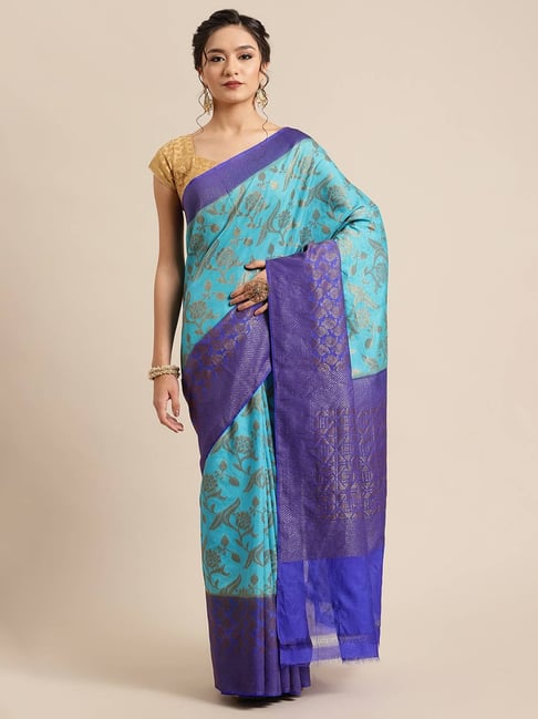 Banarasi Silk Works Torqouise Blue Woven Saree with Blouse Price in India