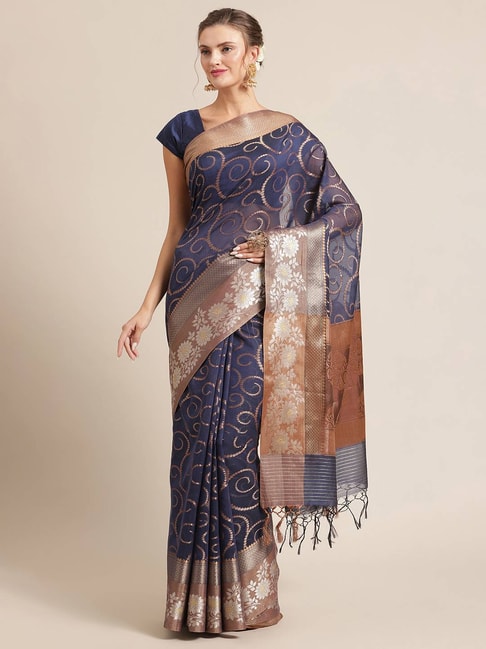 Banarasi Silk Works Blue Woven Saree with Blouse Price in India