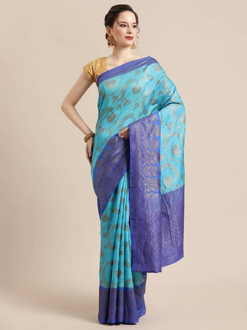 Banarasi Silk Works Torqouise Blue Woven Saree with Blouse Price in India