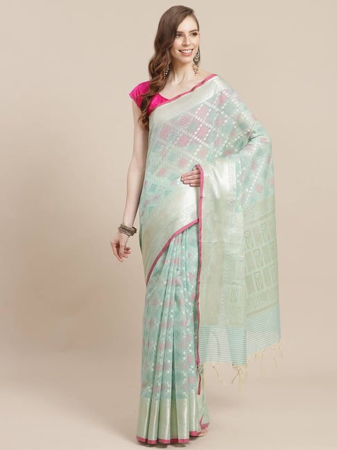 Banarasi Silk Works SeaGreen Woven Saree with Blouse Price in India