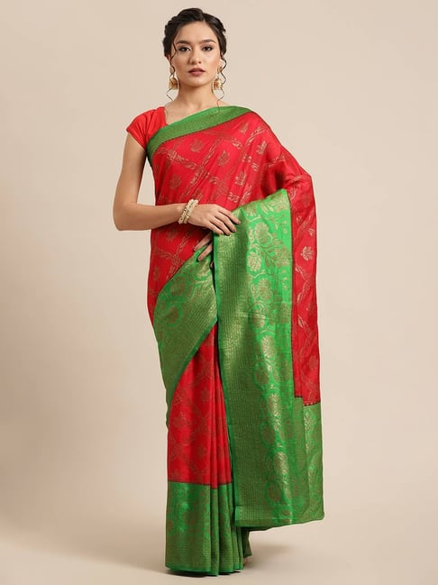 Banarasi Silk Works Red Woven Saree with Blouse Price in India
