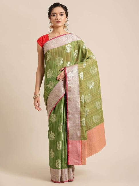 Banarasi Silk Works Green Woven Saree with Blouse Price in India