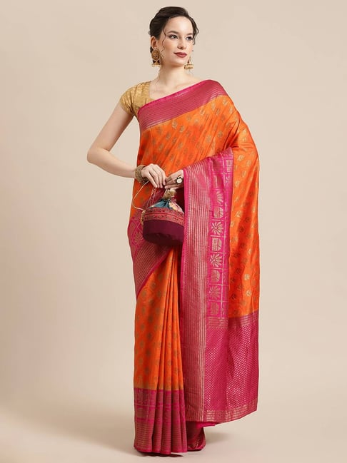 Banarasi Silk Works Orange Woven Saree with Blouse Price in India