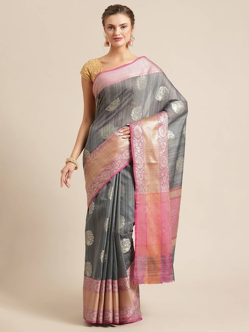 Banarasi Silk Works Grey Woven Saree with Blouse Price in India