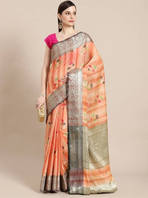 Banarasi Silk Works Peach Woven Saree with Blouse Price in India