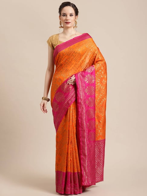 Banarasi Silk Works Orange Woven Saree with Blouse Price in India