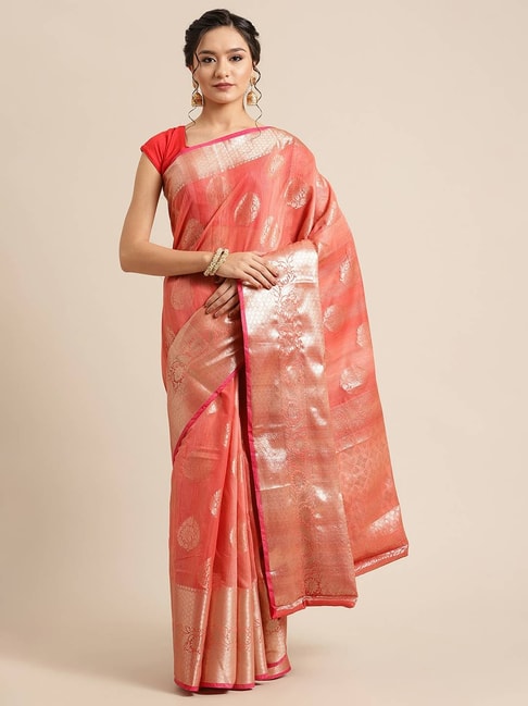 Banarasi Silk Works Red Woven Saree with Blouse Price in India