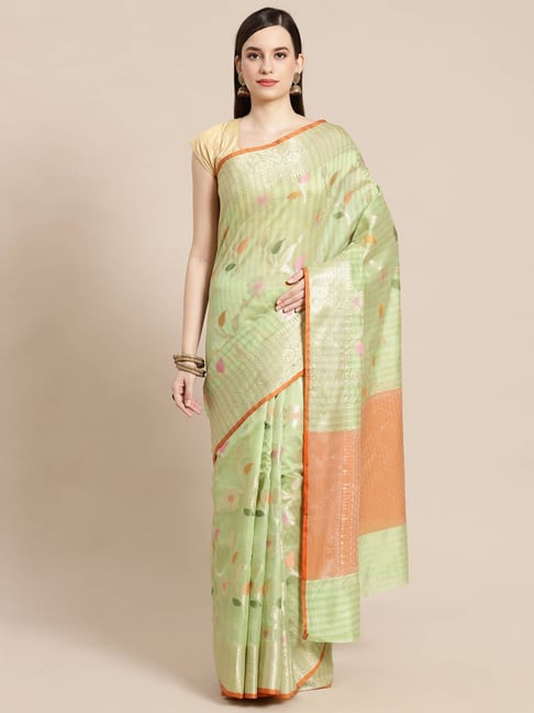 Banarasi Silk Works Pistachio Woven Saree with Blouse Price in India