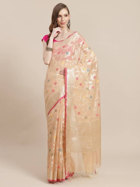 Banarasi Silk Works Peach Woven Saree with Blouse Price in India