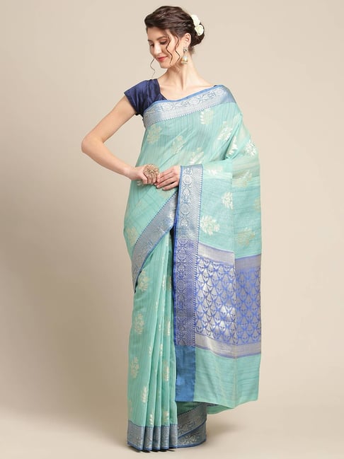 Banarasi Silk Works Rama Green Woven Saree with Blouse Price in India