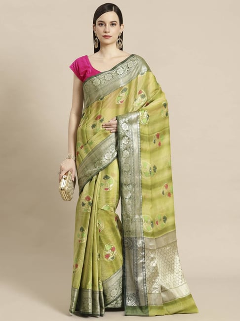 Banarasi Silk Works Pistachio Woven Saree with Blouse Price in India