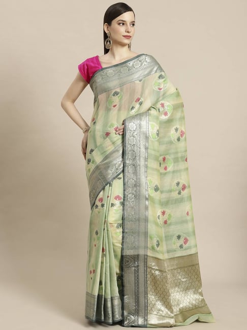 Banarasi Silk Works SeaGreen Woven Saree with Blouse Price in India