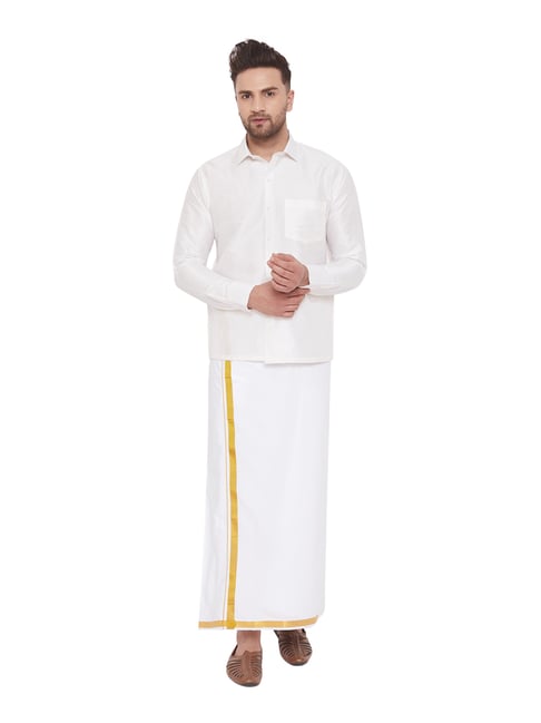 VASTRAMAY White Straight Fit Shirt & Mundu Set