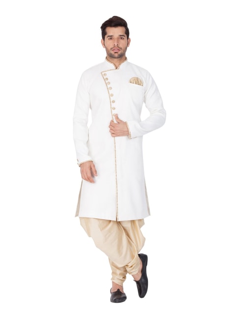 VASTRAMAY White &amp; Beige Cotton Regular Fit Sherwani Set