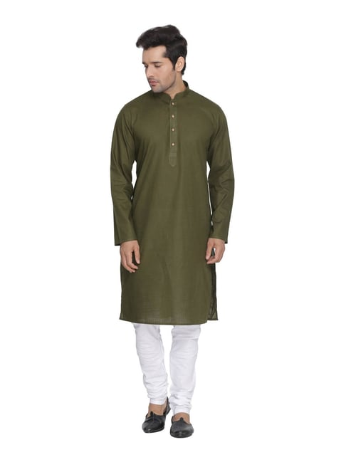 VASTRAMAY Olive & White Cotton Linen Straight Fit Kurta Churidar Set