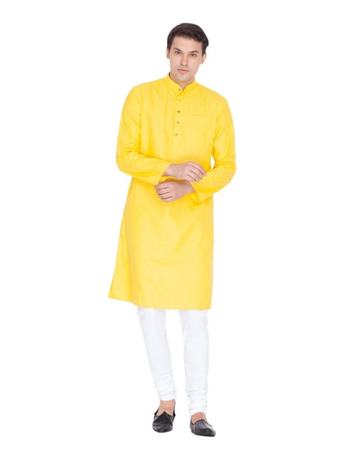 VASTRAMAY Yellow & White Cotton Linen Straight Fit Kurta Churidar Set