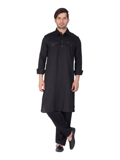Buy VASTRAMAY Black Cotton Regular Fit Pathani Kurta Set for Mens ...