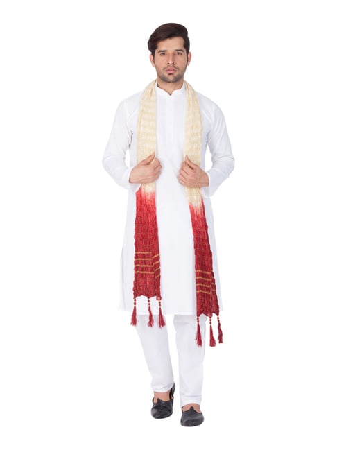 VASTRAMAY White Cotton Straight Fit Kurta Pyjama With Dupatta