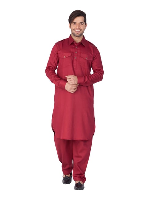 VASTRAMAY Maroon Cotton Regular Fit Pathani Kurta Set