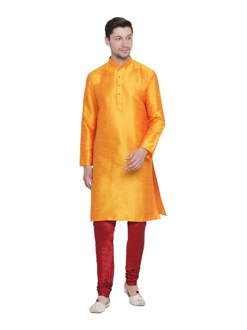 VASTRAMAY Mustard & Maroon Straight Fit Self Pattern Kurta Churidar Set