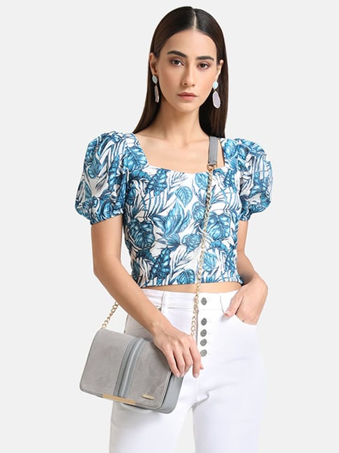 Kazo Blue & White Floral Print Crop Top