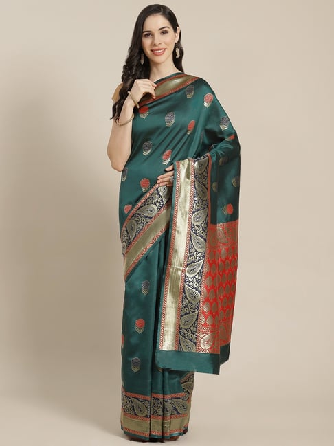 Sharaa Ethnica Green Silk Blend Saree With Unstitched Blouse Price in India