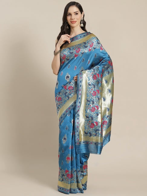 Sharaa Ethnica  Turquoise Blue Silk Blend Saree With Unstitched Blouse Price in India