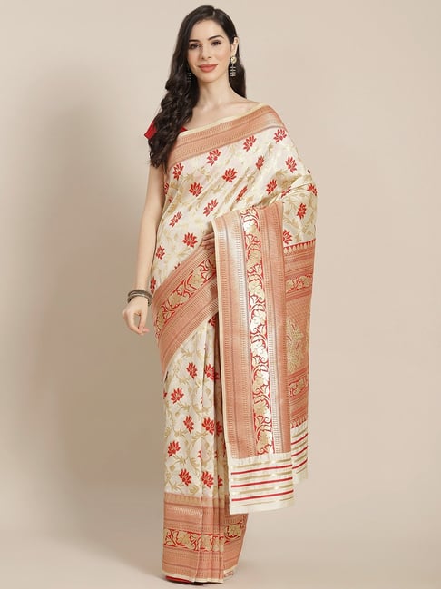 Sharaa Ethnica  Cream Silk Blend Saree With Unstitched Blouse Price in India