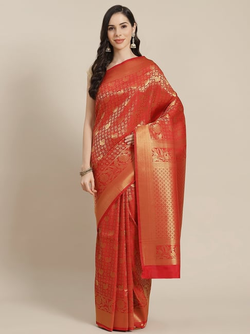 Sharaa Ethnica  Red Silk Blend Saree With Unstitched Blouse Price in India