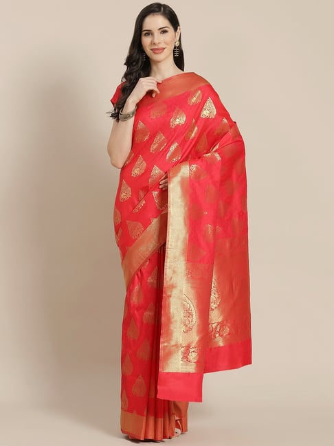 Sharaa Ethnica  Red Silk Blend Saree With Unstitched Blouse Price in India