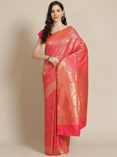 Sharaa Ethnica  Pink Silk Blend Saree With Unstitched Blouse Price in India
